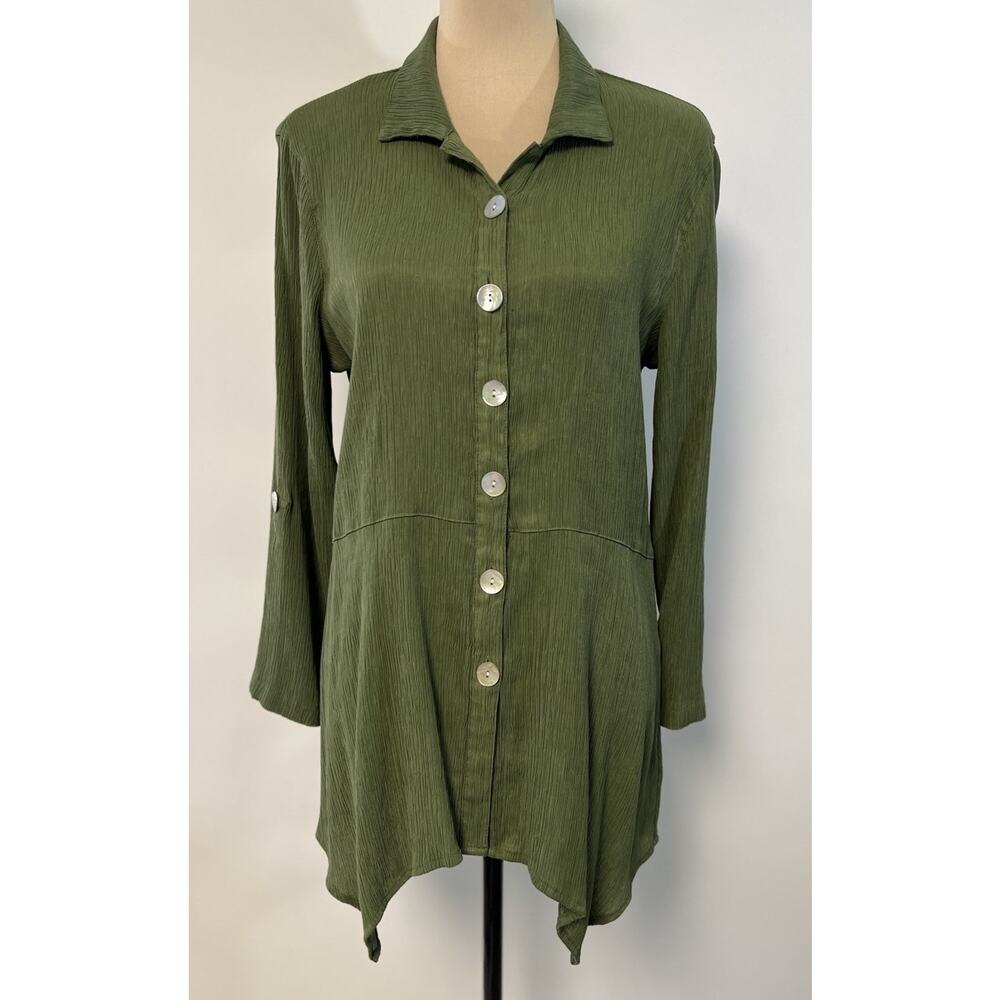 Olive Green Crinkle Tunic Top Medium Rayon Blend Lagenlook Boho Handkerchief Hem